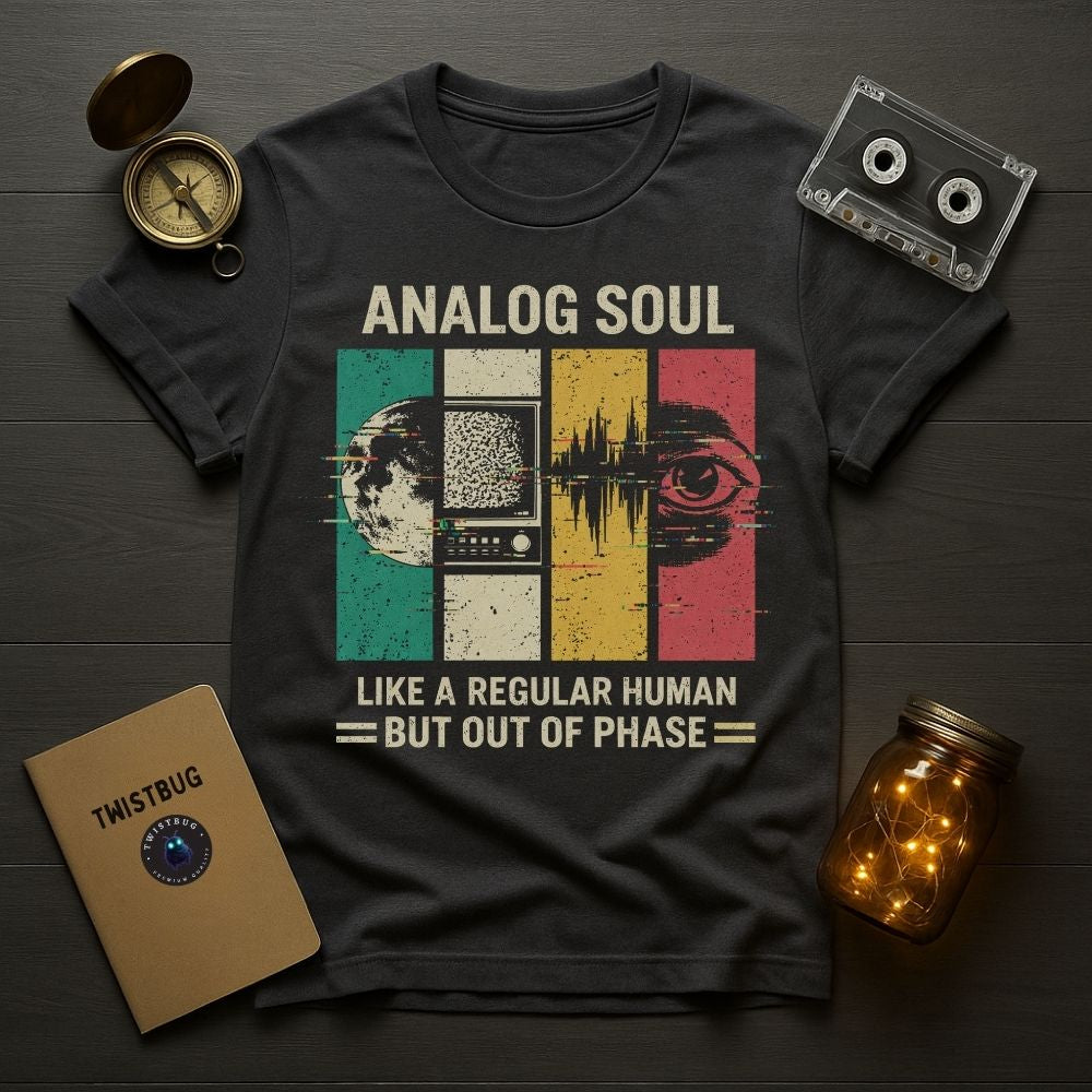 Black t-shirt with 'Analog Soul' design on a wooden surface with vintage items.