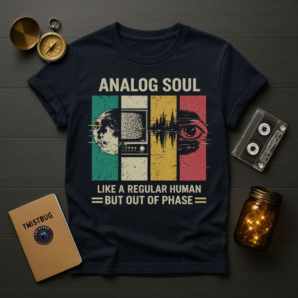 Navy blue t-shirt with 'Analog Soul' graphic design on a wooden surface with vintage items.