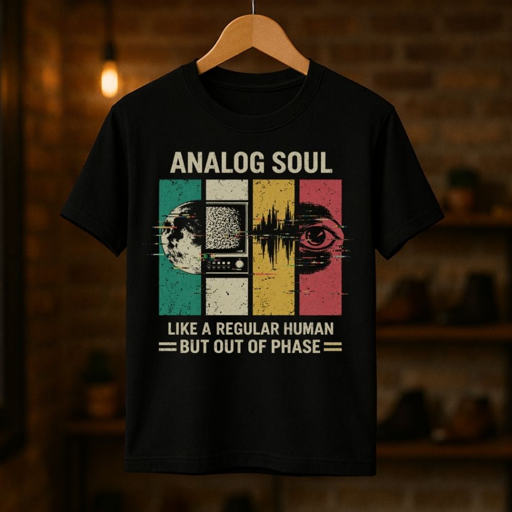 Black t-shirt with colorful graphic and text on a wooden hanger against a dark background