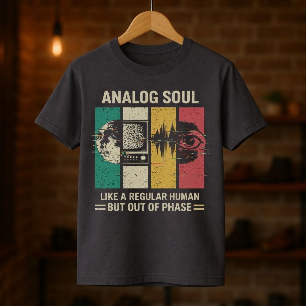 T-shirt with 'Analog Soul' design on a wooden hanger against a brick wall background