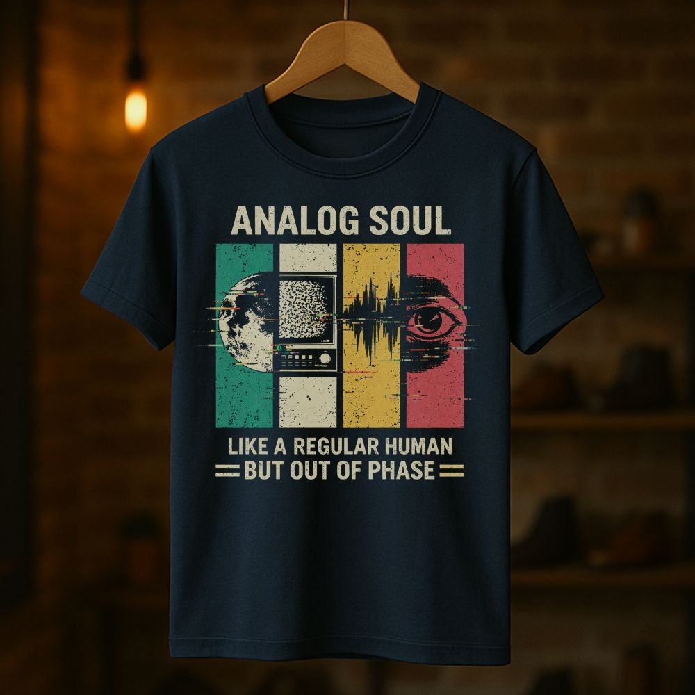 Navy blue t-shirt with 'Analog Soul' graphic design on a wooden hanger against a dark background.