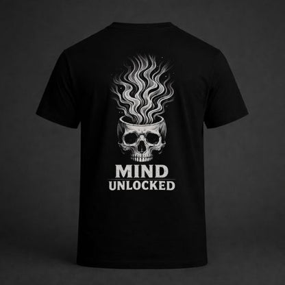 Black t-shirt with a skull design and 'MIND UNLOCKED' text on the back against a dark background