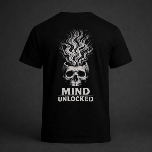Black t-shirt with a skull design and 'MIND UNLOCKED' text on the back against a dark background
