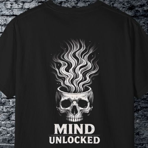Black t-shirt with a skull and 'Mind Unlocked' text design on a brick wall background
