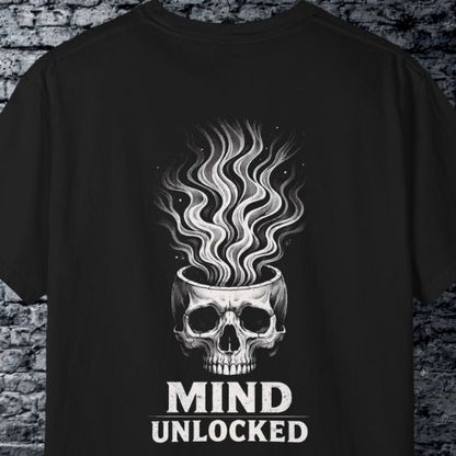 Black t-shirt with a skull and 'Mind Unlocked' text design on a brick wall background