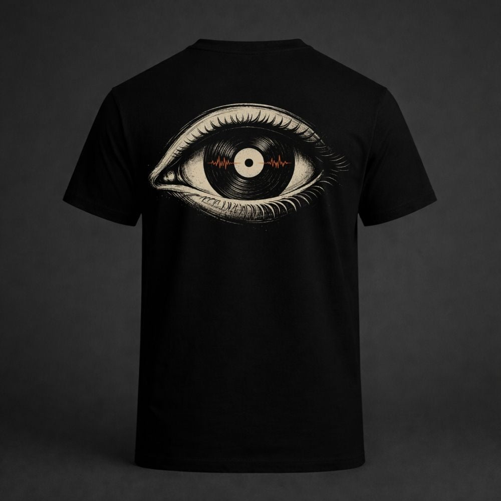 Black t-shirt with an eye design featuring a vinyl record on a dark background
