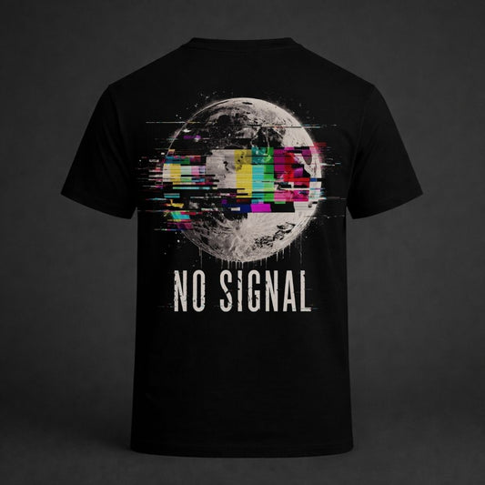 Black t-shirt with a graphic of a moon and 'NO SIGNAL' text on a dark background