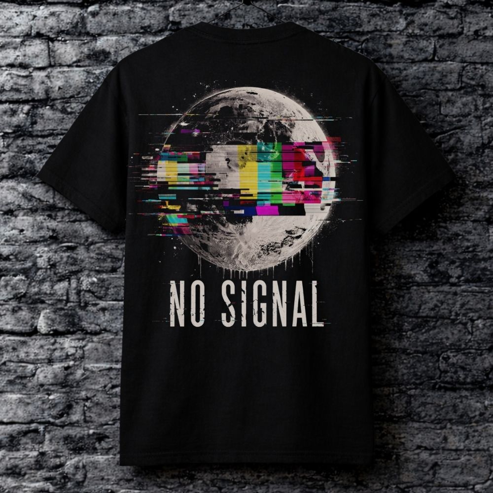Black t-shirt with 'No Signal' design on a brick wall background