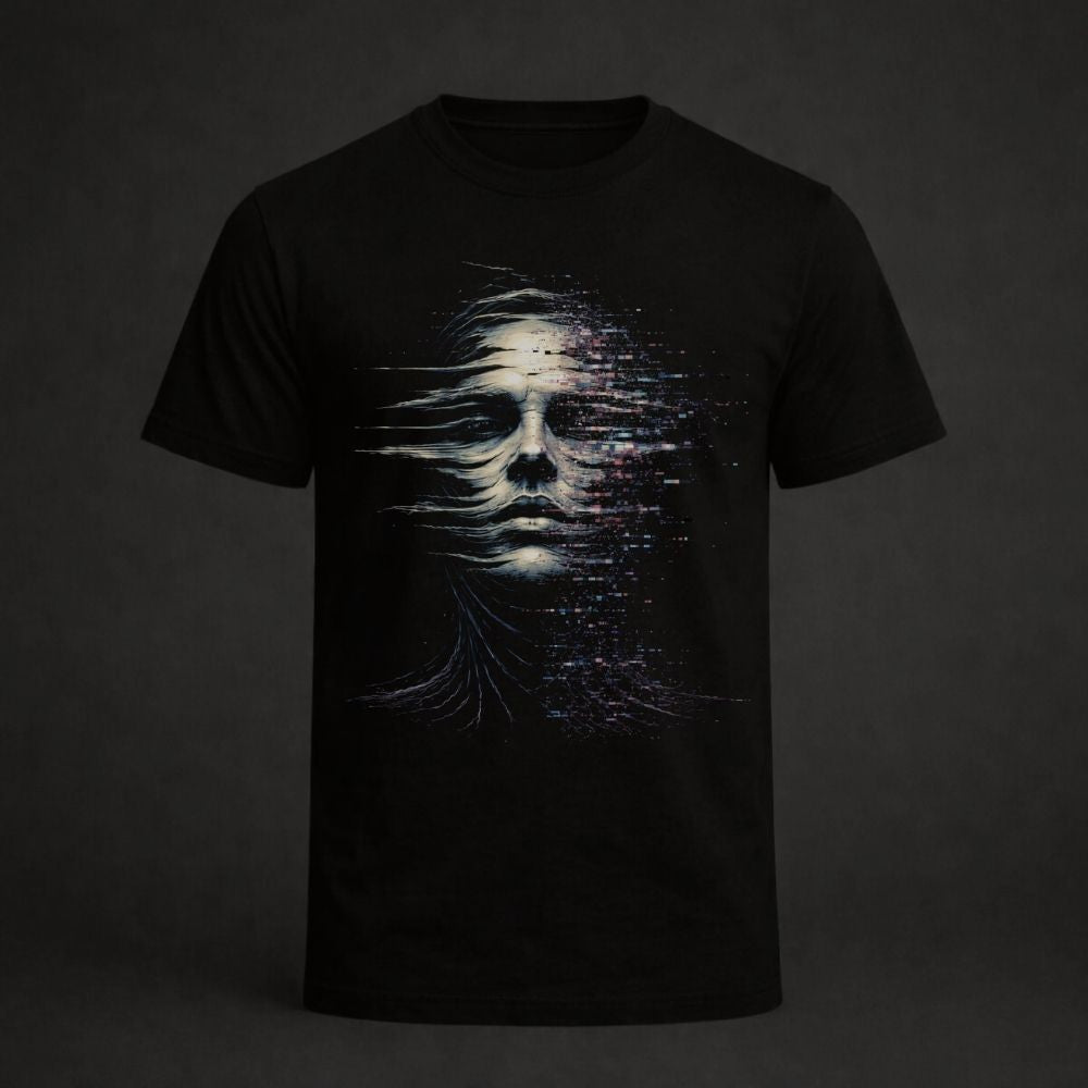 Black t-shirt with a graphic design of a face on a dark background