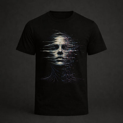 Black t-shirt with a graphic design of a face on a dark background