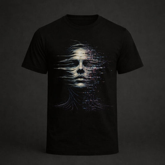 Black t-shirt with a graphic design of a face on a dark background
