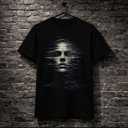 Black t-shirt with a graphic design of a face on a brick wall background