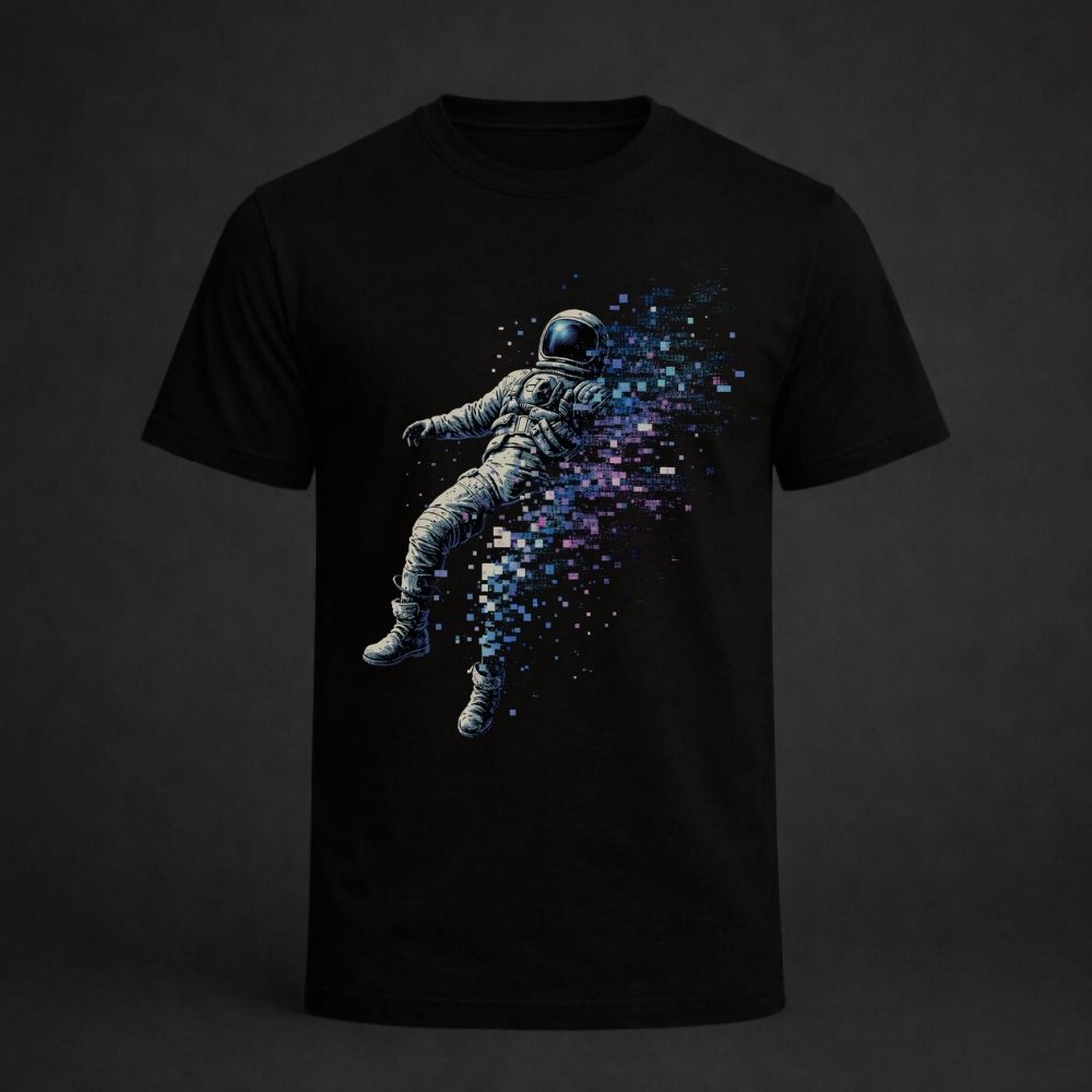 Black t-shirt with an astronaut design on a dark background