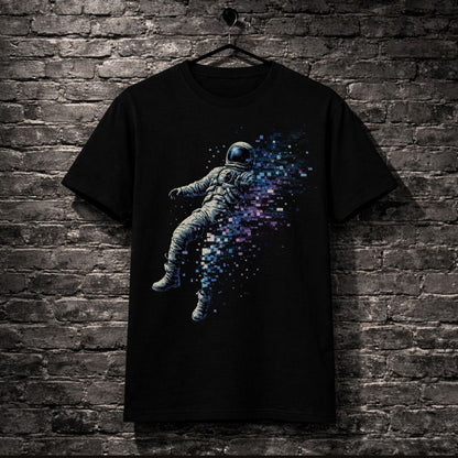 Black t-shirt with an astronaut graphic hanging on a brick wall.