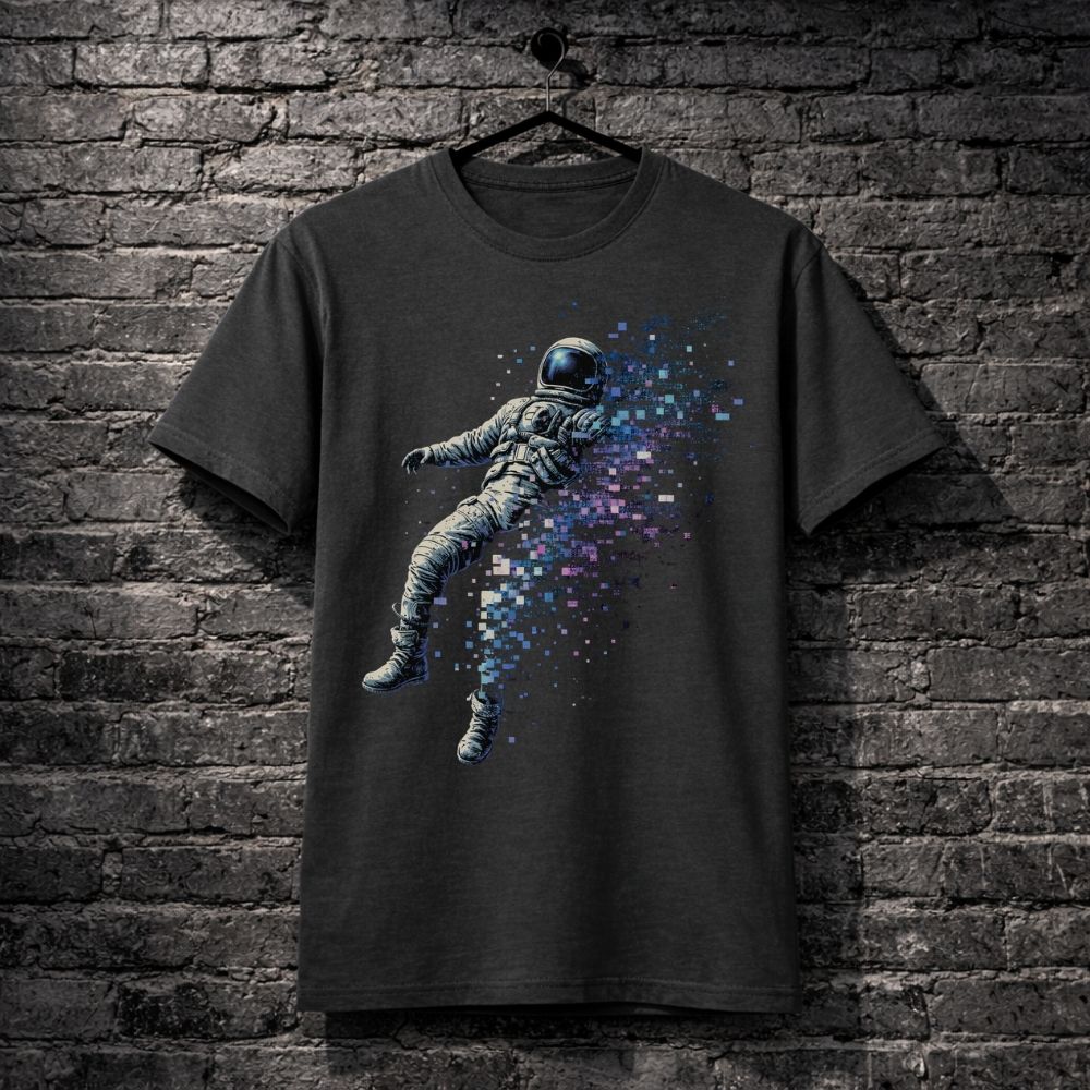 Dark gray t-shirt with an astronaut graphic on a brick wall background