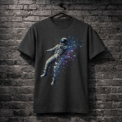 Dark gray t-shirt with an astronaut graphic on a brick wall background