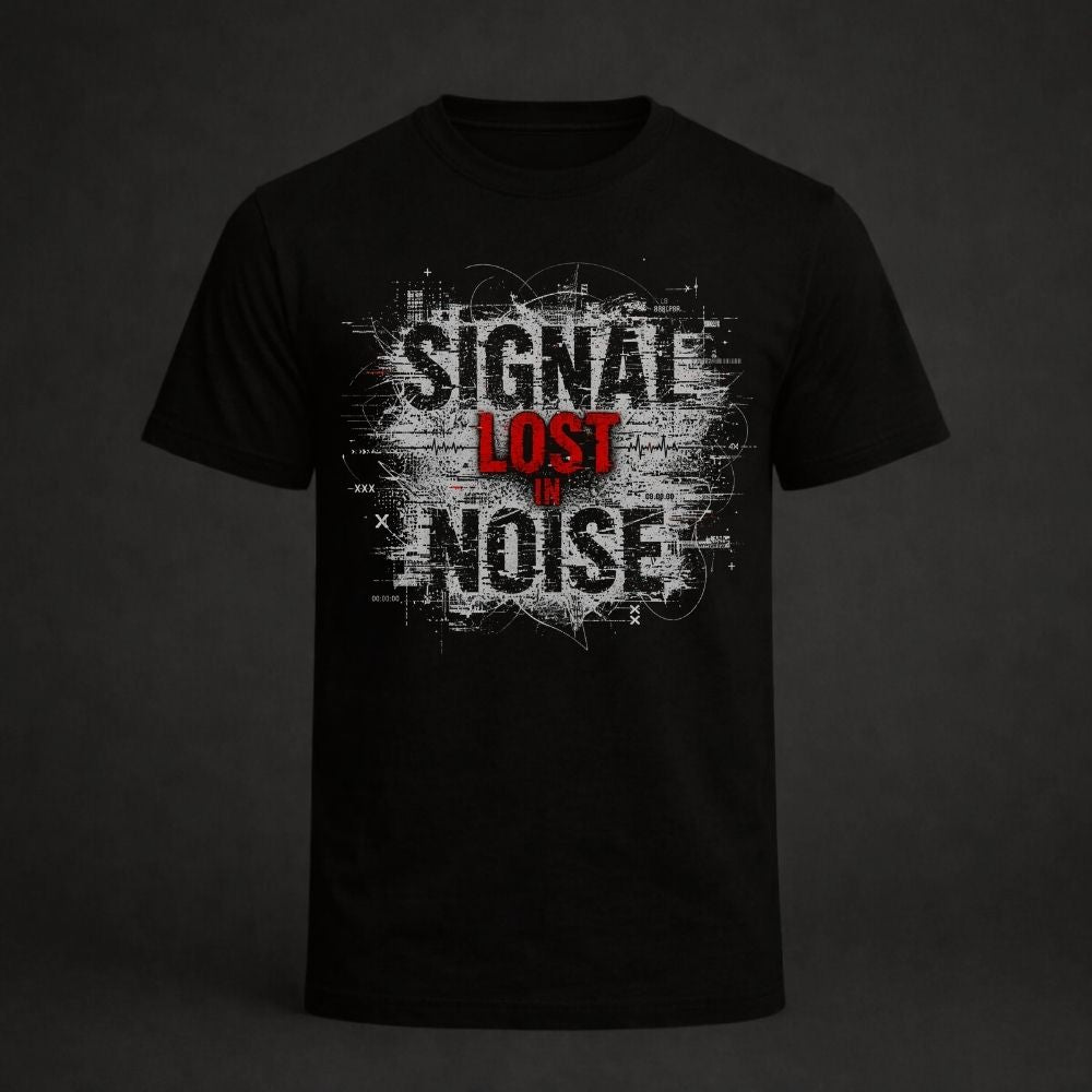 Black t-shirt with 'Signal Lost in Noise' design on a dark background