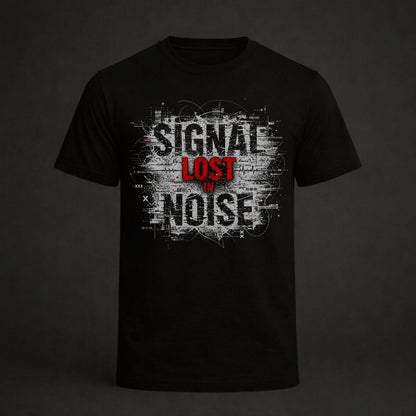 Black t-shirt with 'Signal Lost in Noise' design on a dark background