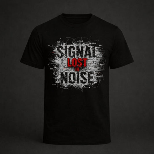 Black t-shirt with 'Signal Lost in Noise' design on a dark background