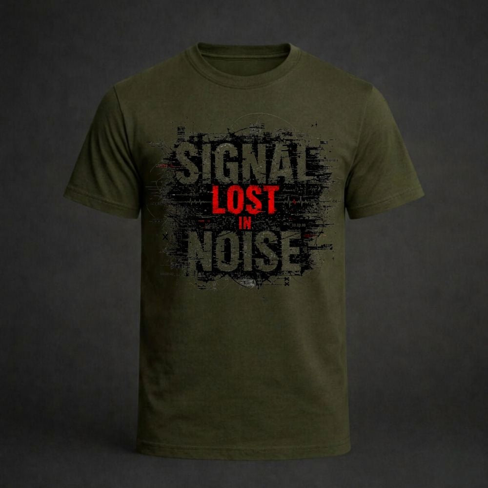 Green t-shirt with 'Signal Lost in Noise' text on a dark background