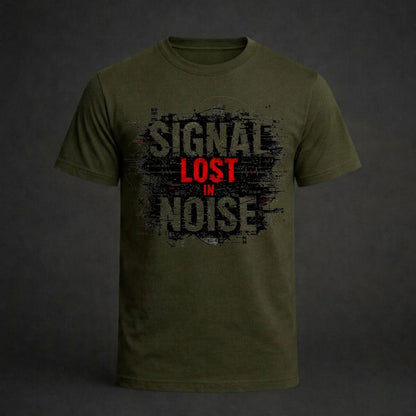 Green t-shirt with 'Signal Lost in Noise' text on a dark background