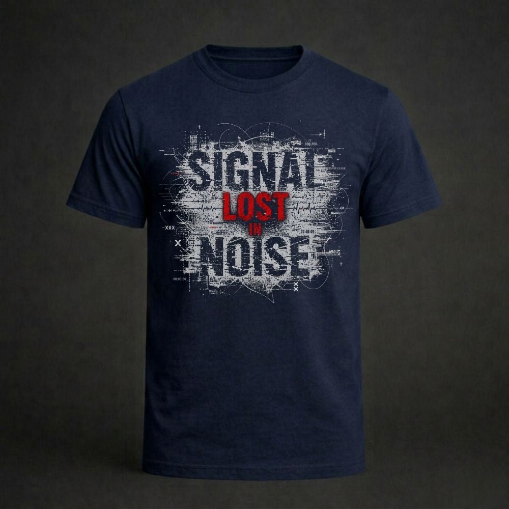 Navy blue t-shirt with 'Signal Lost in Noise' design on a dark background
