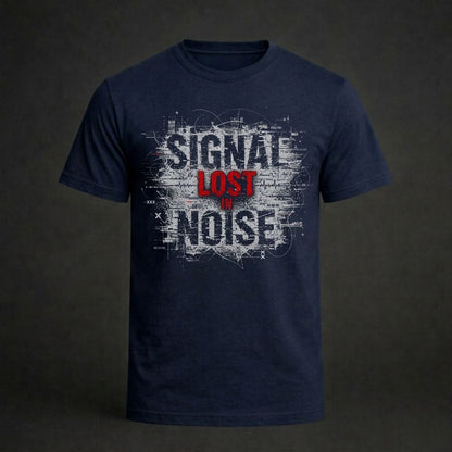 Navy blue t-shirt with 'Signal Lost in Noise' design on a dark background