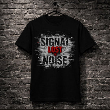 Black t-shirt with 'Signal Lost in Noise' design on a brick wall background