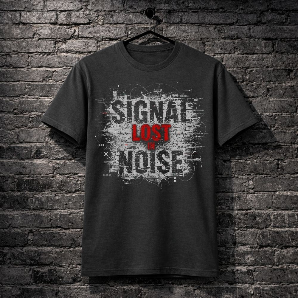 Dark gray t-shirt with 'Signal Lost Noise' text design on a brick wall background