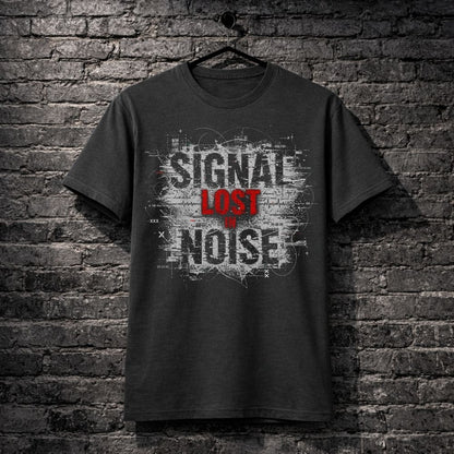 Dark gray t-shirt with 'Signal Lost Noise' text design on a brick wall background