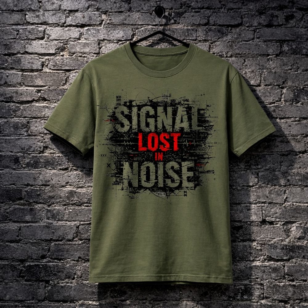 Green t-shirt with 'Signal Lost in Noise' text on a brick wall background