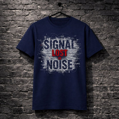 Navy blue t-shirt with 'Signal Lost in Noise' text design on a brick wall background