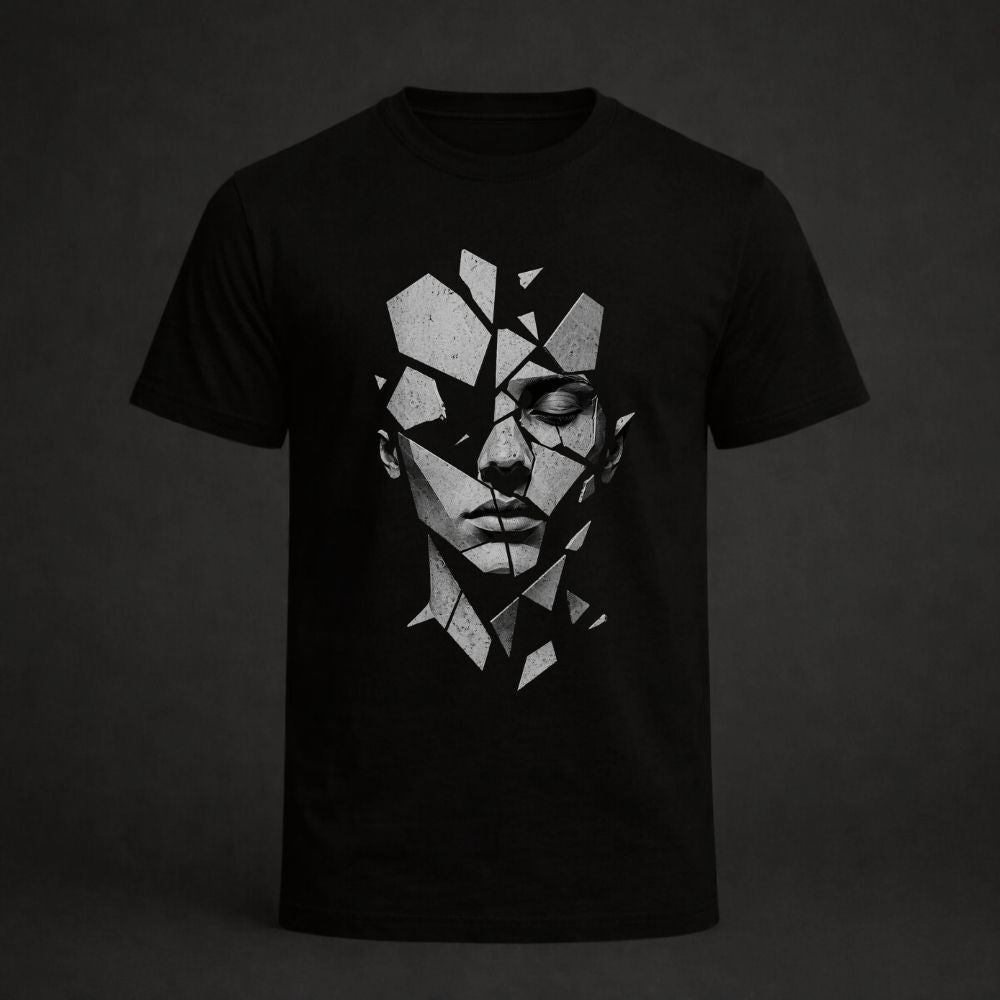 Black t-shirt with a geometric face design on a dark background