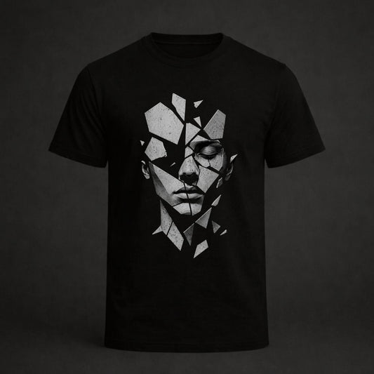 Black t-shirt with a geometric face design on a dark background