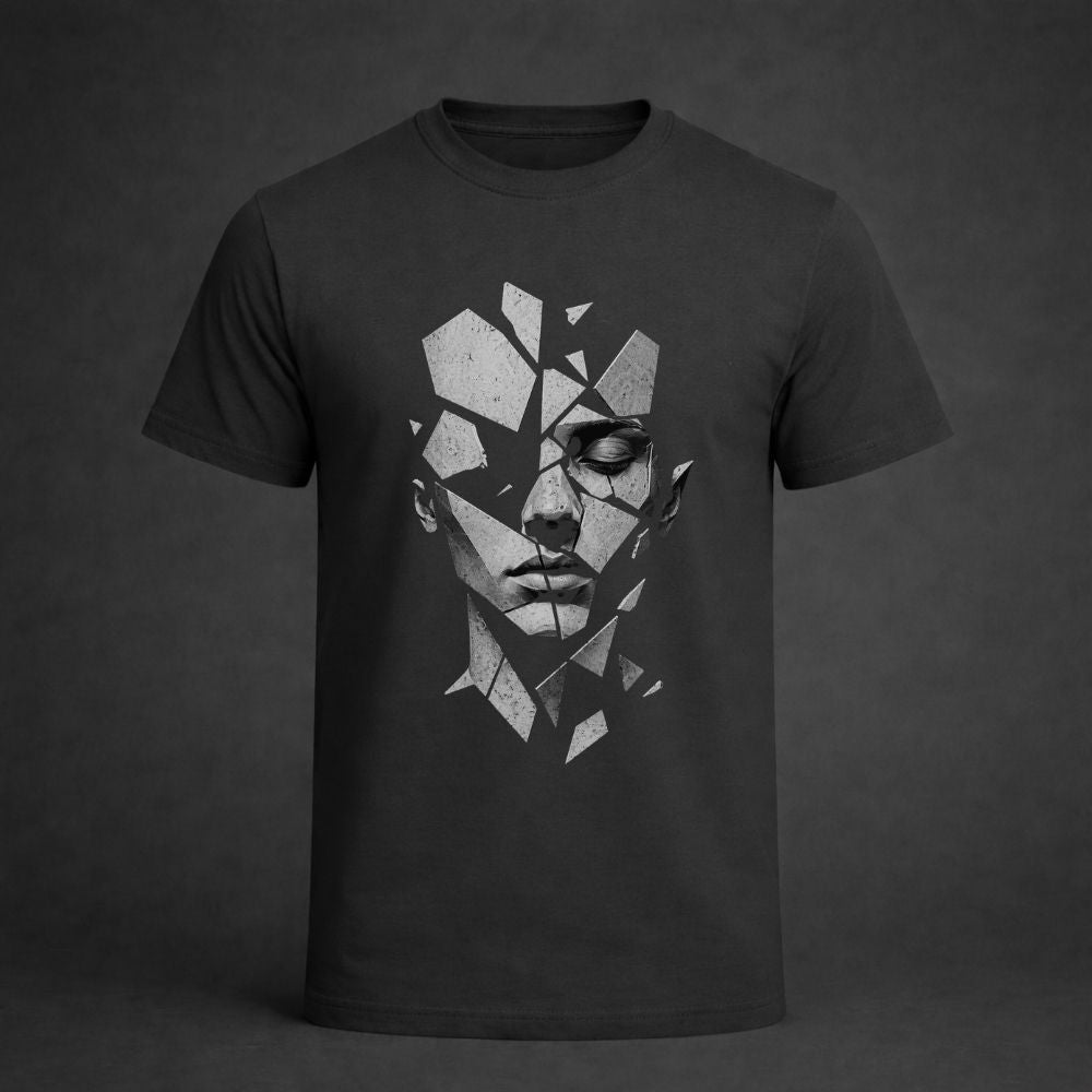 Black t-shirt with geometric face design on a dark background