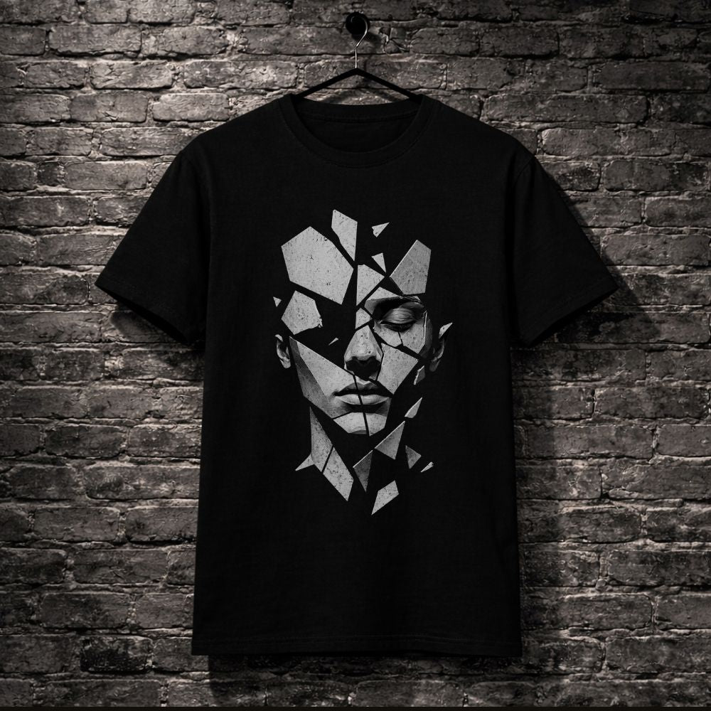 Black t-shirt with a geometric face design hanging on a brick wall.
