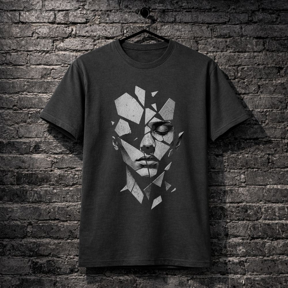 Black t-shirt with a graphic design of a face on a brick wall background