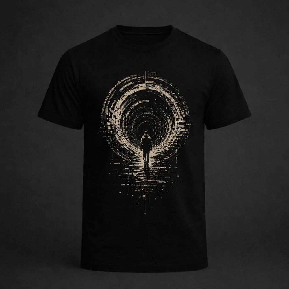 Black t-shirt with a graphic design of a person walking through a tunnel on a dark background