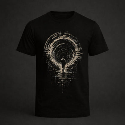 Black t-shirt with a graphic design of a person walking through a tunnel on a dark background