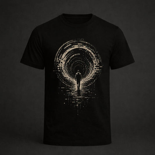 Black t-shirt with a graphic design of a person walking through a tunnel on a dark background