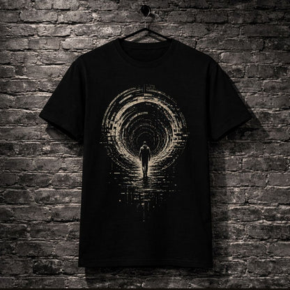 Black t-shirt with a graphic design of a person walking into a tunnel on a brick wall background