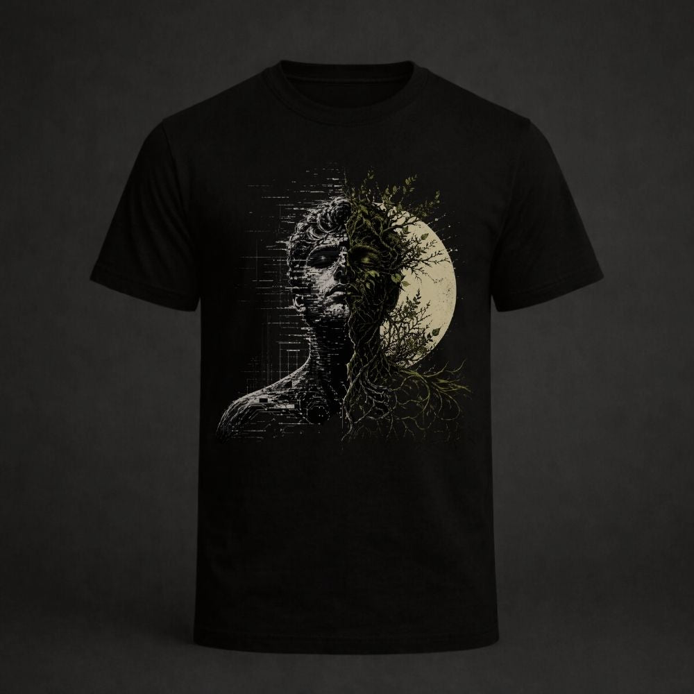 Black t-shirt with a graphic design of a face with branches and a moon on a dark background