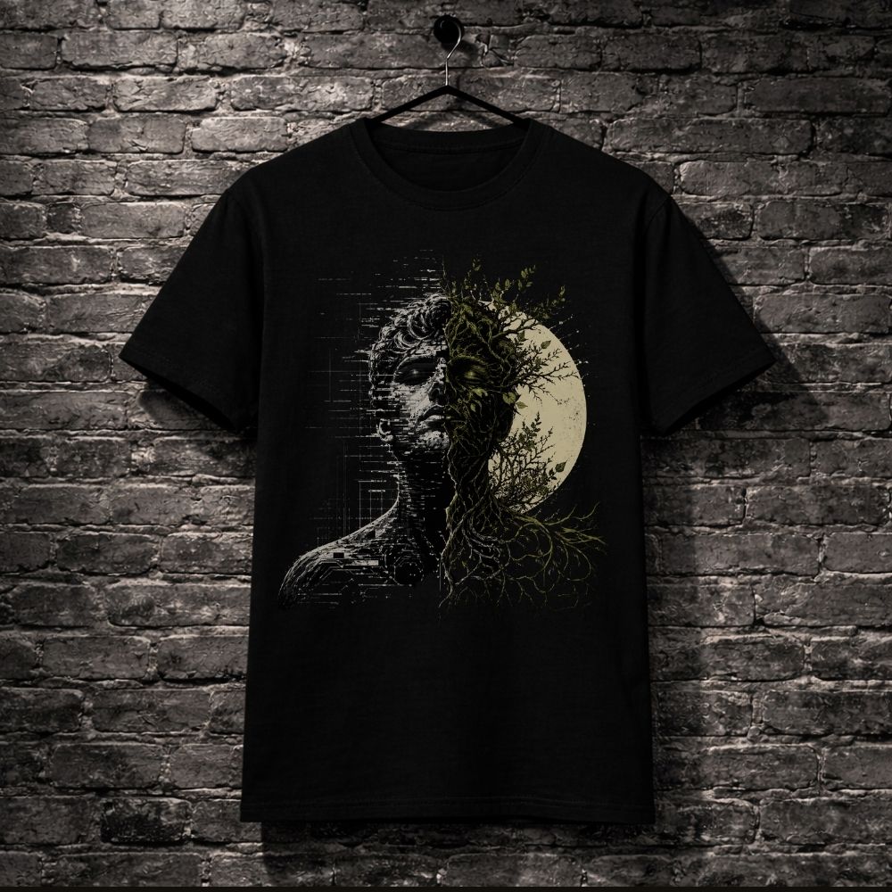 Black t-shirt with a nature-themed design of a face and moon on a brick wall background