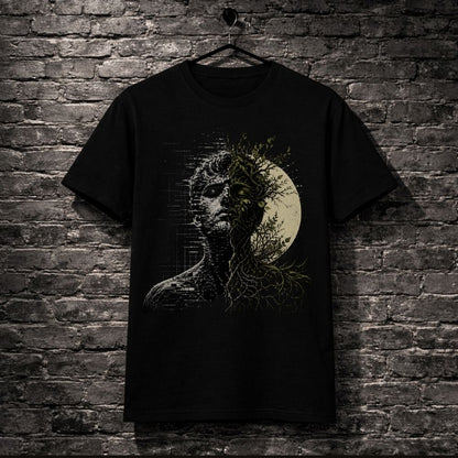 Black t-shirt with a nature-themed design of a face and moon on a brick wall background
