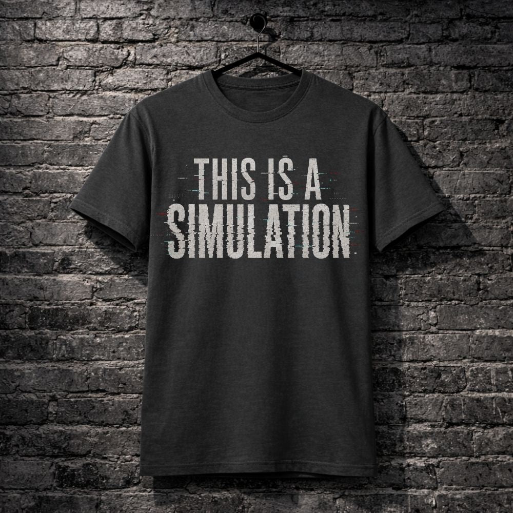 Black t-shirt with 'THIS IS A SIMULATION' text on a brick wall background