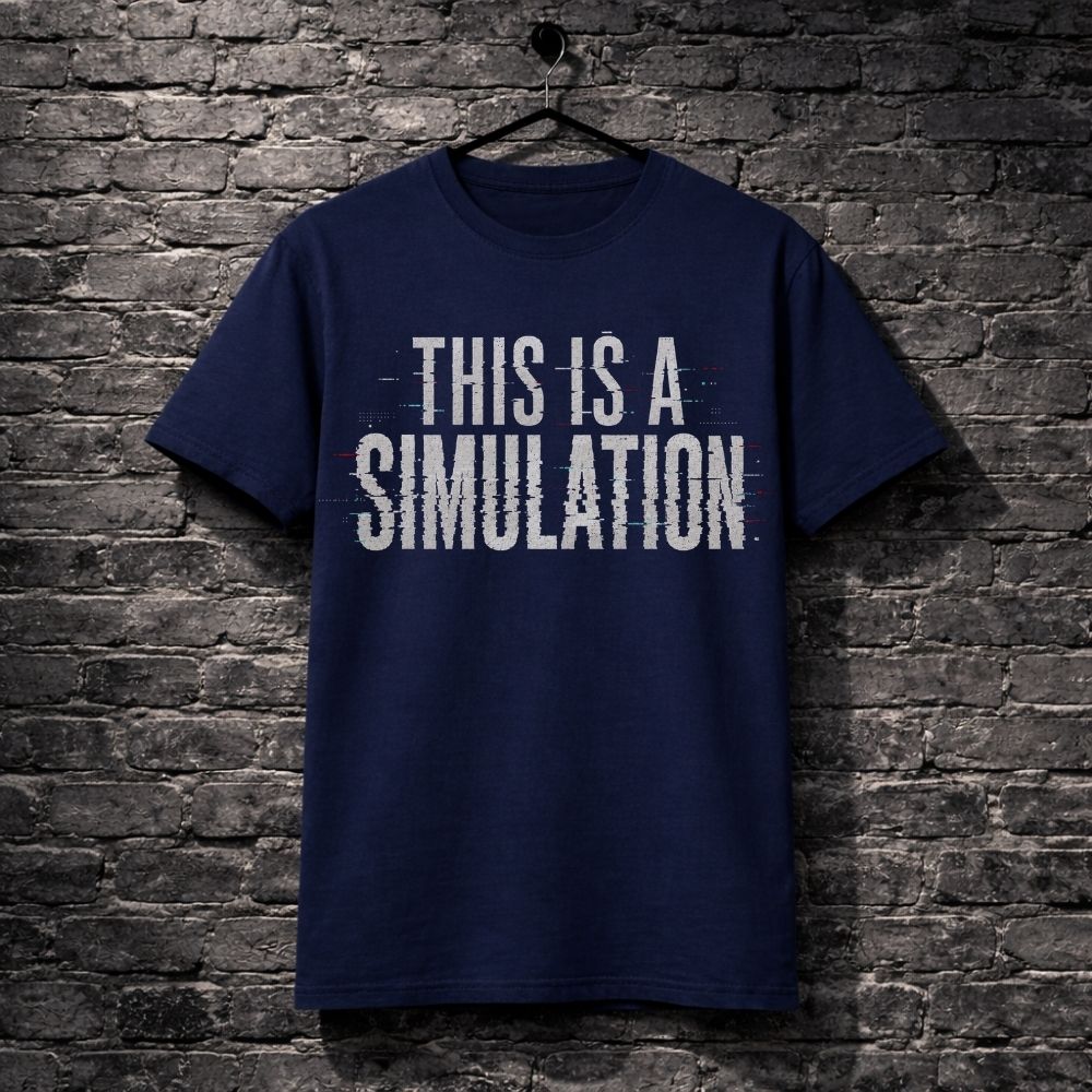 Navy blue t-shirt with 'THIS IS A SIMULATION' text on a brick wall background