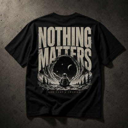 Black t-shirt with 'Nothing Matters' graphic design on a textured surface