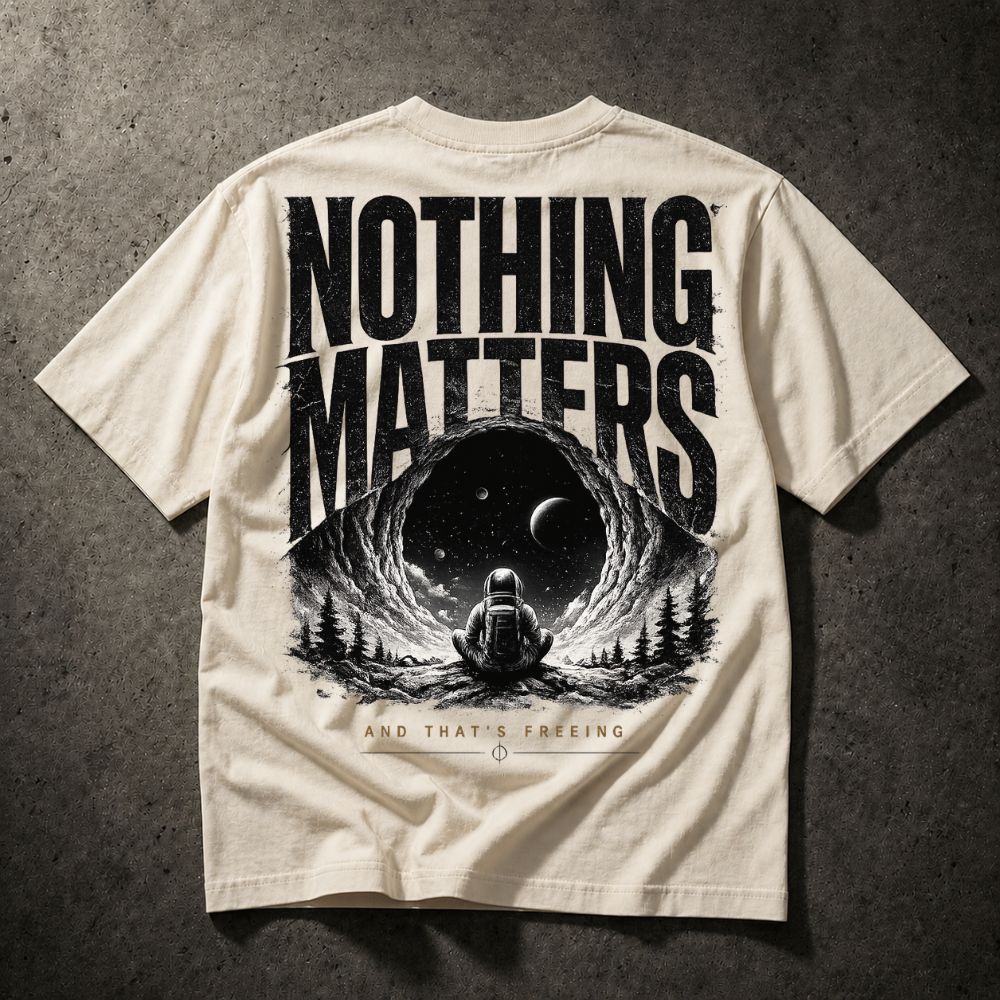 Beige t-shirt with 'Nothing Matters' graphic design on a textured surface