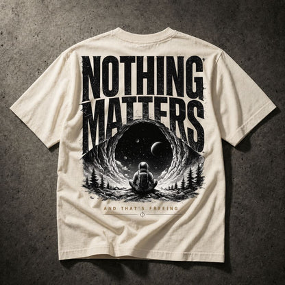 Beige t-shirt with 'Nothing Matters' graphic design on a textured surface