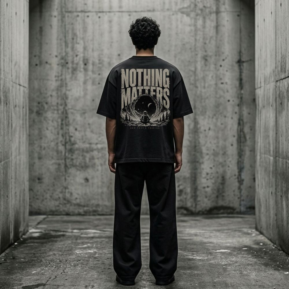 Person wearing a black t-shirt with 'NOTHING MATTERS' text in a concrete setting